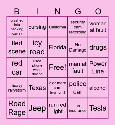 Car Chrash Bingo Card