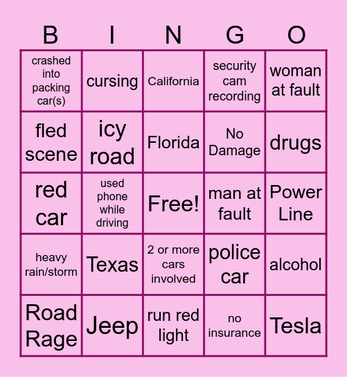 Car Chrash Bingo Card