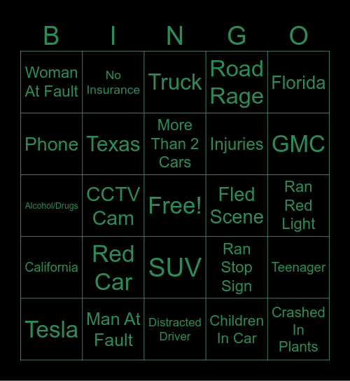 Car Crash Bingo Card
