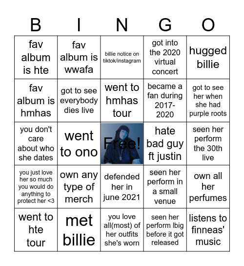 Billie Stan Bingo Card