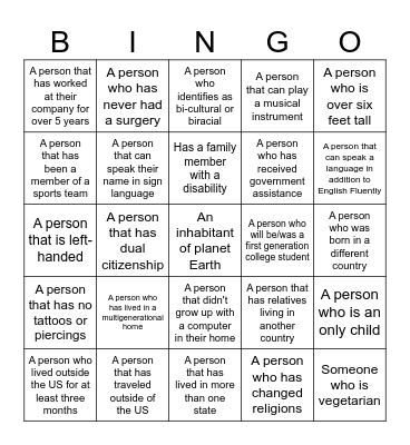 Diversity Bingo Card
