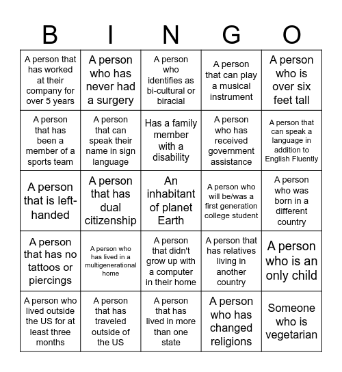 Diversity Bingo Card