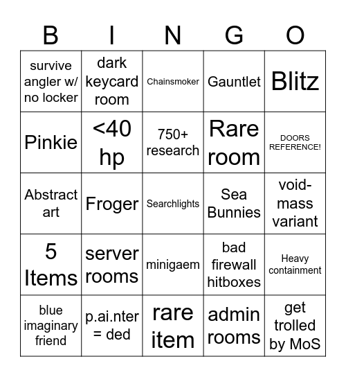 Roblox Pressure Bingo Card