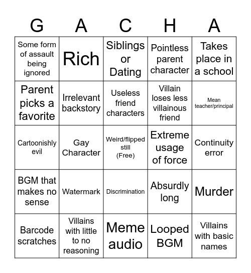 Gacha Cringe Bingo Card