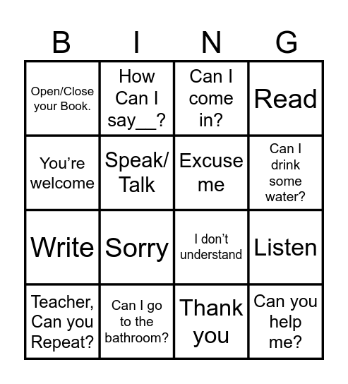 Classroom Commands Bingo Card