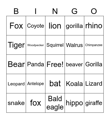 Wild Animals Bingo Card