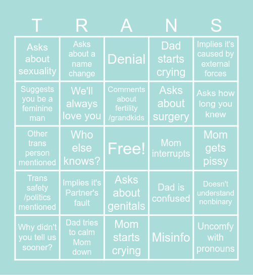 Coming Out Bingo Card