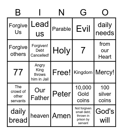 The Lord's Prayer Bingo Card
