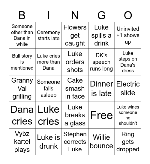 Luke wedding Bingo Card