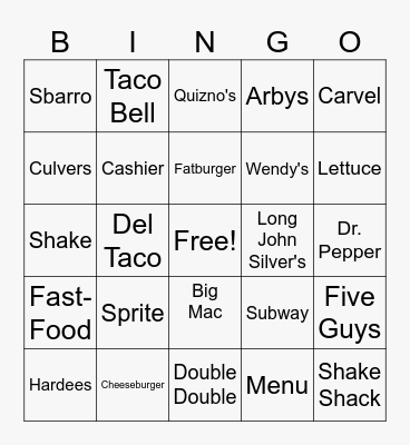 Fast Food Bingo Card