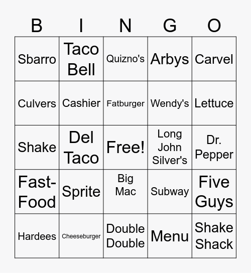 Fast Food Bingo Card