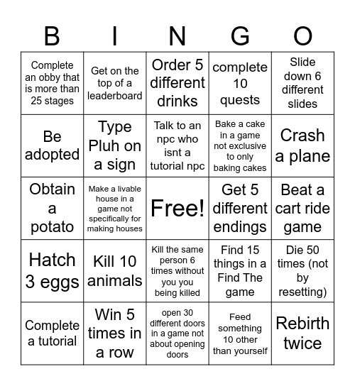 Roblox thing Bingo Card