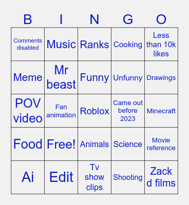 Yt shorts Bingo Card