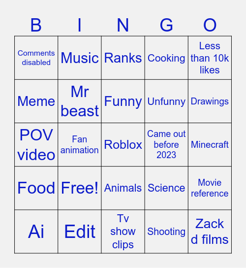 Yt shorts Bingo Card