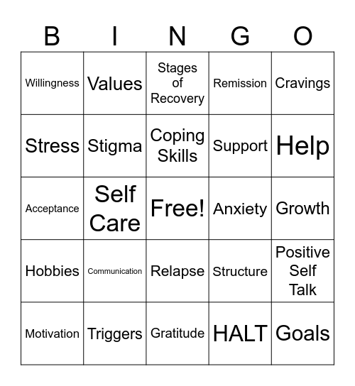 Recovery Bingo Card