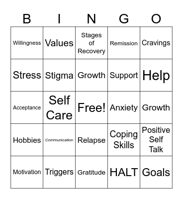 Recovery Bingo Card