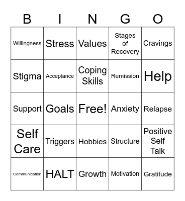 Recovery Bingo Card