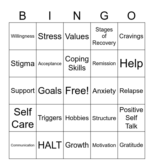 Recovery Bingo Card