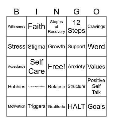 Recovery Bingo Card