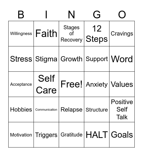 Recovery Bingo Card