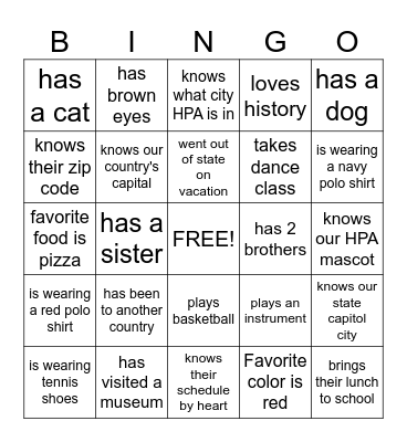 Back to School Bingo Card