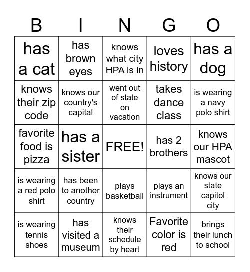 Back to School Bingo Card