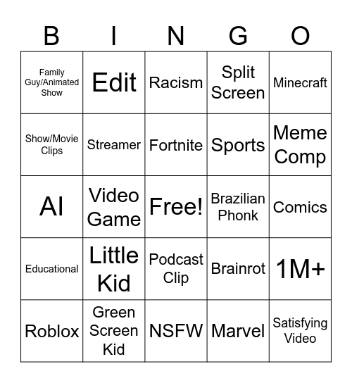 Youtube Shorts Bingo Card