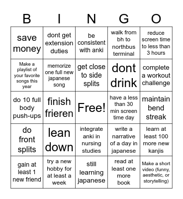 by the end of the year Bingo Card