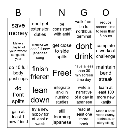 by the end of the year Bingo Card