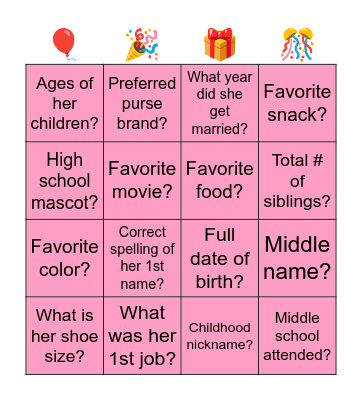 Birthday Girl Trivia Bingo Card