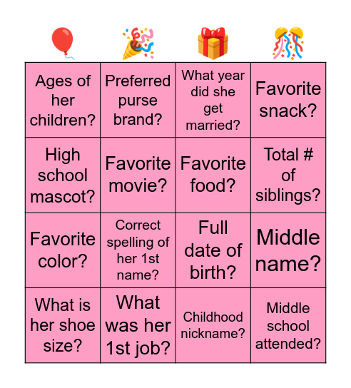 Birthday Girl Trivia Bingo Card