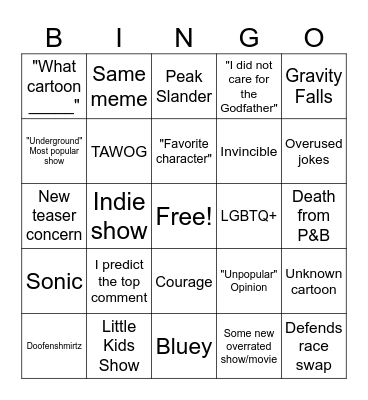 R/Cartoons Bingo Card