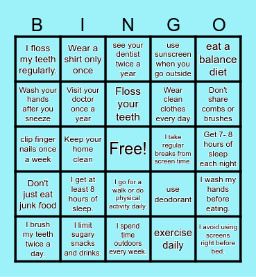 Hygiene Bingo Card