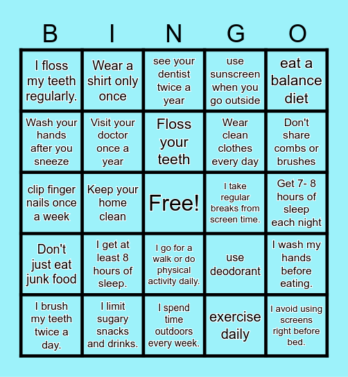 Hygiene Bingo Card