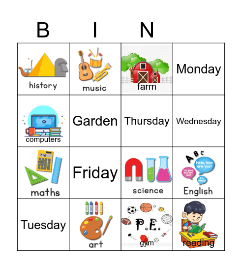 School subjects Bingo Card