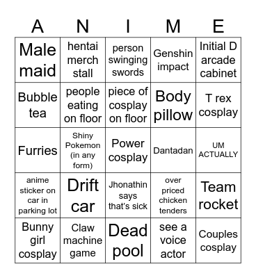 Anime Con Bingo Card