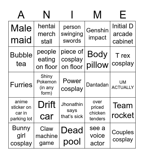 Anime Con Bingo Card