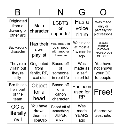 Lucymations OC bingo Card