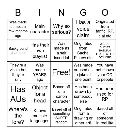Lucymations OC bingo Card