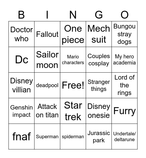 cosplays Bingo Card