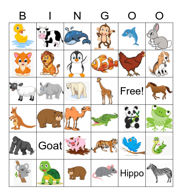 Animal Bingo Card