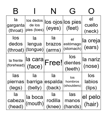 Body Parts (¡Now in Spanish!) Bingo Card