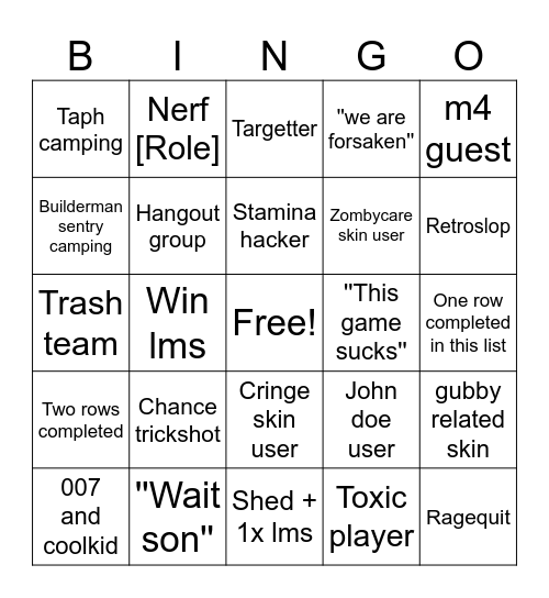 Forsaken Bingo Card