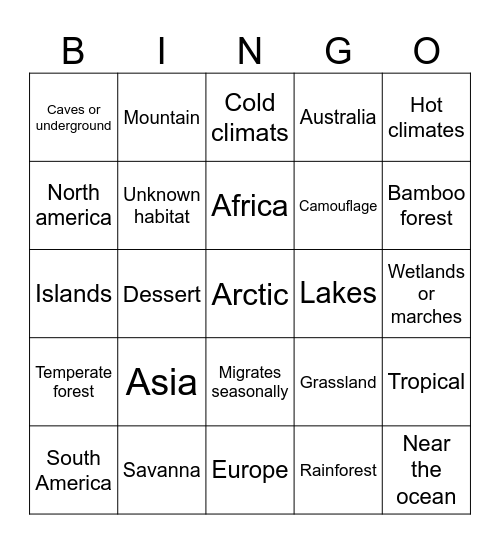 Spot an animal Bingo Card