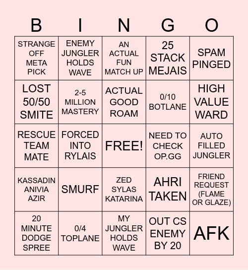 The Solo Queue Bingo Card