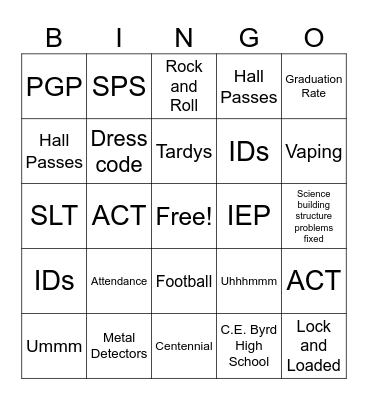B H S Bingo Card