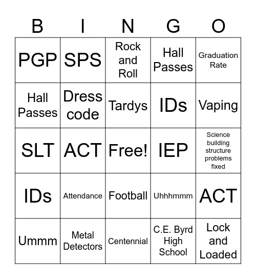 B H S Bingo Card
