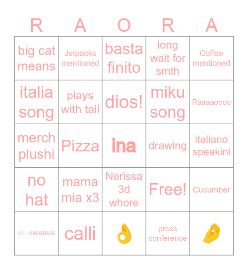 Raora 3d bingo Card
