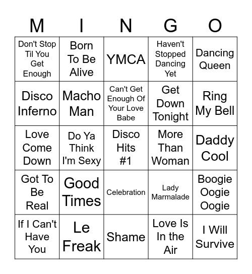 Disco Hits #1 Bingo Card
