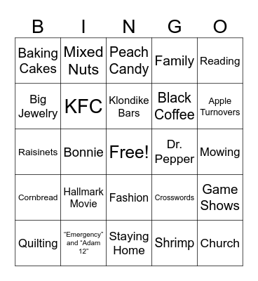 Jessie's Favorite Things Bingo Card